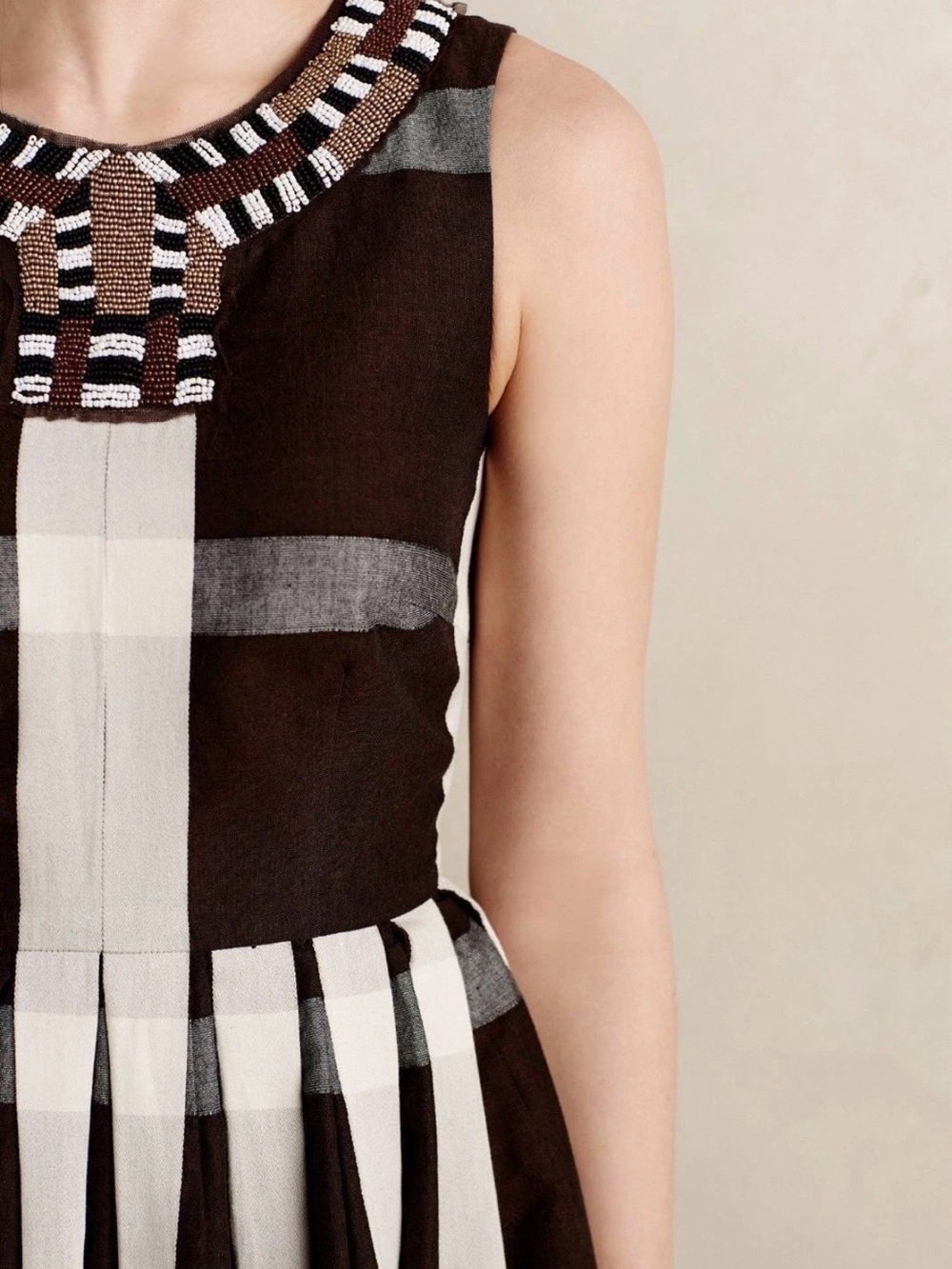 Anthropologie Maeve Beaded Plaid Fit & Flare Midi Dress 6 Brown Cream MSRP $248 - Picture 3 of 15